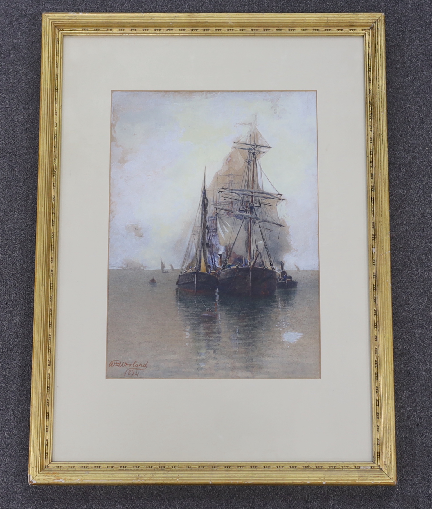 William Woolard (fl.1883-1908), heightened watercolour, Barges, signed and dated 1894, 37 x 26cm